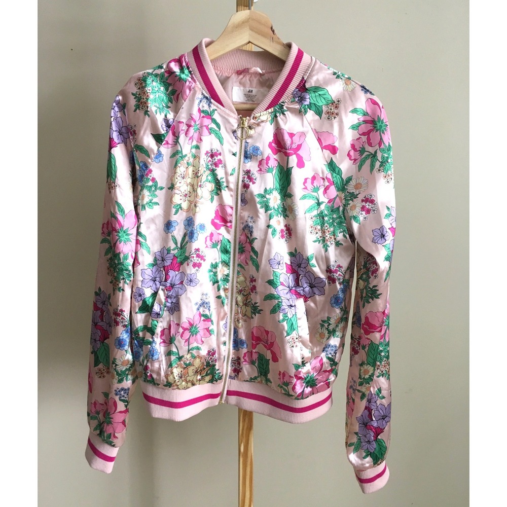 H&M Floral Bomber Jacket Pink Satin Long Sleeve Girl's Size 20